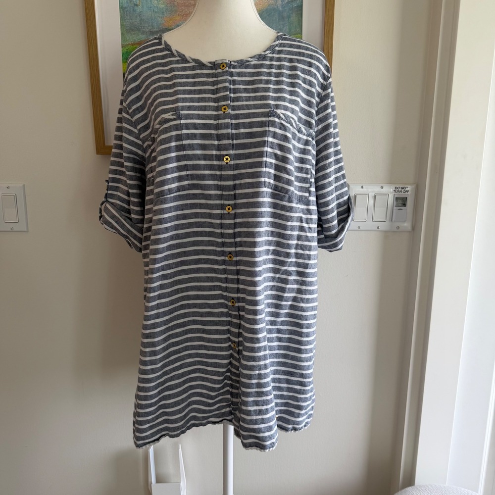 Ellen Tracy Striped Linen Blend Tunic Blue White Womens XL Coastal Summer Shirt